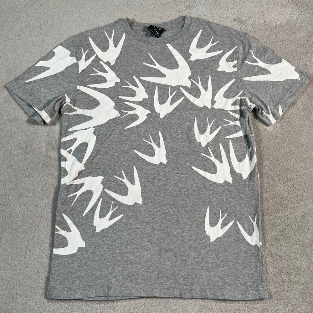 McQ Alexander McQueen T-Shirt Men's XS Gray Short Sleeve Swallow Bird Print READ